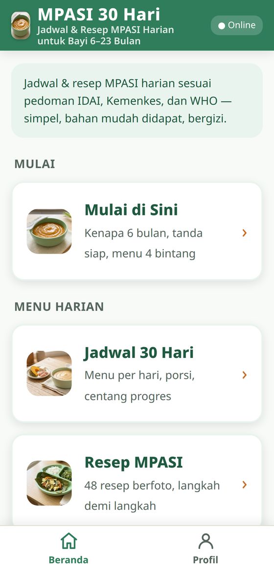 Tangkapan layar aplikasi MPASI 30 Hari